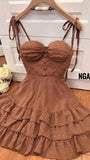 Niulatu Birthday A Line Spaghetti Straps Brown Ruffles Homecoming Dresses Short Mini Birthday Dress HZ1110
