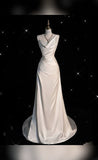 Niulatu Mermaid Sleeveless Ruffles Long White Satin Wedding Dresses Brides Dress HZ1110