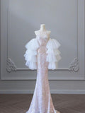 Niulatu Sheath High Neckline Pink Sequin Long Tulle Ruffles Layers Evening Dress Prom Dresses HZ1110