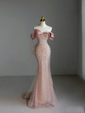 Niulatu Sheath Off The Shoulder Pink Sequin Long Evening Dress Prom Dresses With Bow HZ1110