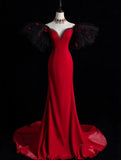 Niulatu Mermaid Off The Shoulder Satin Red Long Evening Dress Prom Dresses With Sleeves HZ1110