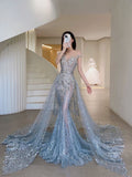 Niulatu Mermaid Off The Shoulder Sequin Blue Long Evening Dress Lace Prom Dresses With Sleeves HZ1110