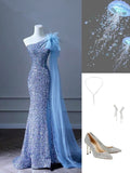 Niulatu Mermaid One Shoulder Sequin Blue Slit Long Evening Dress Prom Dresses With Feather HZ1110