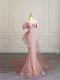 Niulatu Mermaid Off The Shoulder Sequin Pink Long Evening Dress Prom Dresses With Bow HZ1110