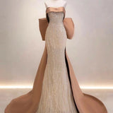 Niulatu Mermaid Strapless Satin Long Evening Dress Sequin Prom Dresses With Bow HZ1110