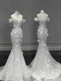 Niulatu Mermaid Off The Shoulder Short Sleeves Sequin Wedding Dresses With Beads HZ1110