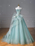 Niulatu Ball Gown Sweetheart Tulle Green Long Evening Dress Prom Dresses With Ruffles HZ1110