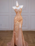 Niulatu Mermaid Sweetheart Sequin Long Slit Gold Evening Dress Prom Dresses With Beads HZ1110