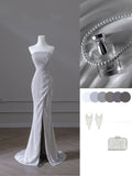 Niulatu Mermaid Strapless Sequin Long Slit Evening Dress Prom Dresses With Ruffles HZ1110