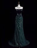 Niulatu Mermaid Strapless Sequin Dark Green Long Evening Dress Prom Dresses With Ruched HZ1110