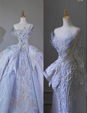Niulatu Ball Gown Strapless Blue Sequin Sleeves Long Wedding Dresses With Beads HZ1110