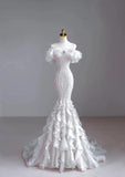 Niulatu Mermaid Off The Shoulder Ruffles White Long Wedding Dresses With Pearls HZ1110