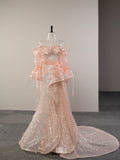 Niulatu Mermaid Off The Shoulder Sequin Long Sleeves Evening Dress Pink Prom Dresses With Ruffles HZ1110