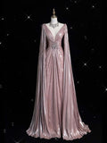 Niulatu A Line V Neckline Sequin Long Sleeves Pink Evening Dress Prom Dresses HZ1110