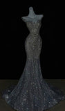 Niulatu Mermaid Off The Shoulder Sequin Cap Sleeves Evening Dress Silver Prom Dresses With Beads HZ1110