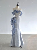 Niulatu Mermaid Off The Shoulder Sequin Cap Sleeves Blue Evening Dress Long Prom Dresses With Ruffles HZ1110