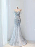 Niulatu Mermaid Off The Shoulder Sequin Cap Sleeves Gray Evening Dress Long Prom Dresses With Beads HZ1110