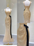 Niulatu Mermaid Square Neckline Gold Sequin Long Evening Dress Prom Dresses HZ1110
