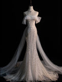 Niulatu Mermaid Off The Shoulder Sequin Sequin White Long Wedding Dresses With Train HZ1110
