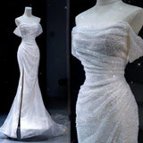 Niulatu Mermaid Off The Shoulder Sequin White Long Wedding Dresses With Slit HZ1110