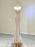 Niulatu Mermaid Sweetheart Sequin Champagne Long Evening Dress Prom Dresses HZ1110