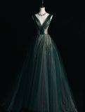 Niulatu A Line V Neckline Tulle Sleeveless Green Long Prom Dresses HZ1110