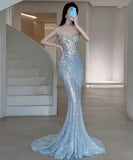 Niulatu Mermaid Sweetheart Sequin Blue Long Evening Dress Prom Dresses With Ruched Bodice HZ1110