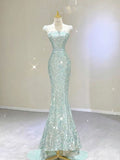 Niulatu Mermaid Strapless Sequin Mint Green Sleeveless Long Prom Dresses HZ1110