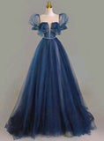 Niulatu A Line Short Puffy Sleeves Navy Blue Long Evening Dress Prom Dresses With Beads HZ1110
