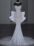 Niulatu Mermaid Scoop Neckline Cap Sleeves Tulle White Long Wedding Dresses With Bow HZ1110