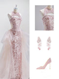 Niulatu Mermaid High Neckline Sequin Pink Sleeveless Long Prom Dresses HZ1110