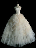 Niulatu Ball Gown Strapless Ruffles Layers Tulle Long Wedding Dresses With Beads HZ1110