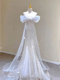 Niulatu Mermaid Off The Shoulder Sequin Tulle Long Wedding Dresses With Sleeves HZ1110