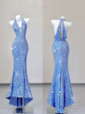 Niulatu Mermaid V Neckline Sequin Blue Sleeveless Long Prom Dresses HZ1110