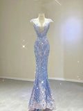 Niulatu Mermaid Scoop Neckline Sequin Blue Evening Dress Long Prom Dresses HZ1110