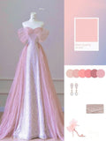 Niulatu A line Off The Shoulder Pink Sequin Evening Dress Long Prom Dresses With Sleeves HZ1110