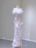 Niulatu Mermaid Strapless Sequin White Long Wedding Dresses With Feather HZ1110