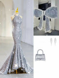 Niulatu Mermaid High Neckline Silver Sequin Evening Dress Long Prom Dresses HZ1110