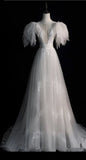 Niulatu A line V Neckline Tulle Ivory Long Wedding Dresses With Lace HZ1110