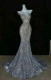 Niulatu Mermaid Scoop Neckline Silver Sequin Evening Dress Long Prom Dresses HZ1110