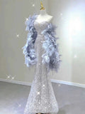 Niulatu Mermaid Sweetheart Neckline Silver Sequin Evening Dress Long Prom Dresses HZ1110