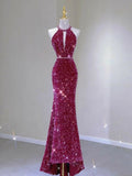 Niulatu Mermaid Scoop Neckline Hot Pink Sequin Long Prom Dresses Party Dress With Beads HZ1110