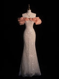 Niulatu Mermaid Off The Shoulder Sequin Evening Dress Long Silver Prom Dresses HZ1110