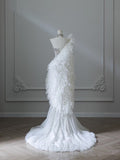 Niulatu Mermaid Strapless White Tulle Long Wedding Dresses With Beads HZ1110