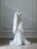 Niulatu Mermaid Strapless White Tulle Long Wedding Dresses With Beads HZ1110