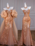 Niulatu Mermaid Sweetheart Sequin Long Slit Gold Evening Dress Prom Dresses With Beads HZ1110
