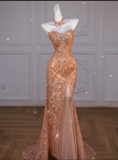 Niulatu Mermaid Sweetheart Sequin Long Slit Gold Evening Dress Prom Dresses With Beads HZ1110