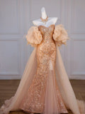Niulatu Mermaid Off The Shoulder Sequin Gold Evening Dress Long Slit Prom Dresses HZ1110