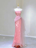 Niulatu Mermaid Strapless Pink Tulle Long Prom Dresses Party Dresses HZ1110