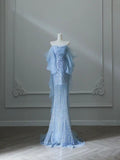 Niulatu Mermaid Off The Shoulder Sequin Blue Evening Dress Long Slit Prom Dresses HZ1110